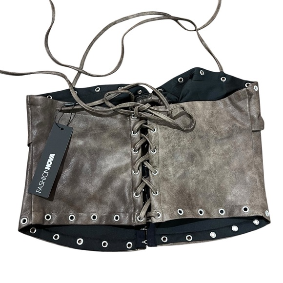 NWT Brown Leather Halter Hook N Eye Crop Top & Belted Eyelet Skort Skirt Set - Picture 15 of 15